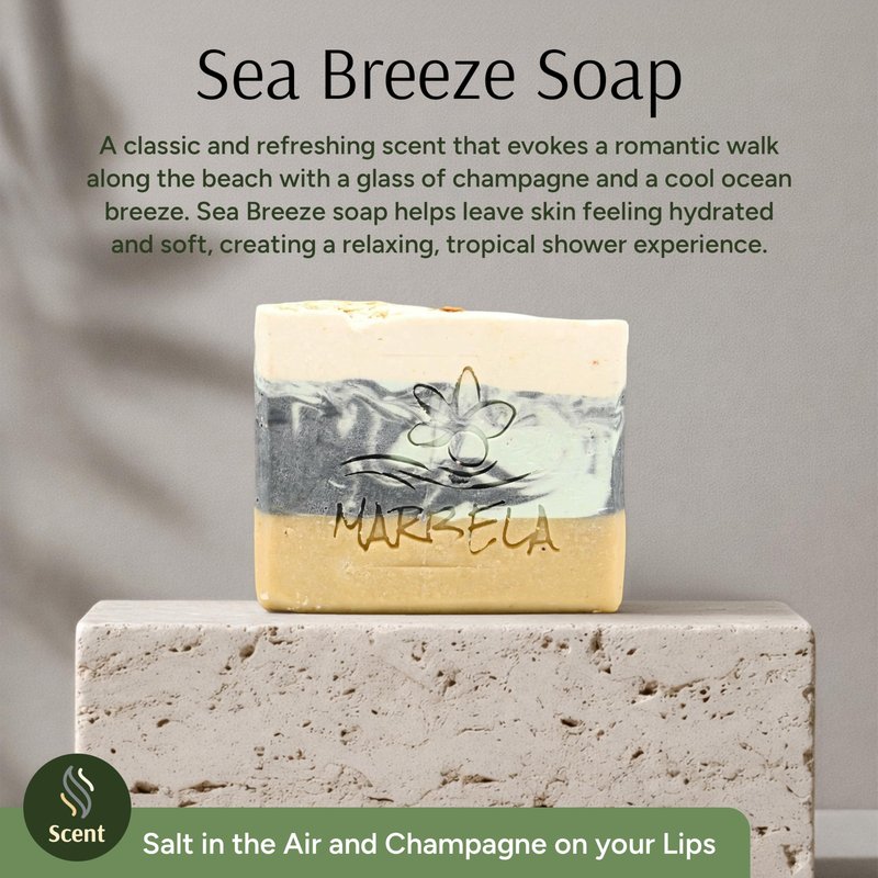 Marbela Cosmetics Handmade Soap Bar - Made in USA, Vegan Friendly, Palm Oil Free, Natural Bar Soap - Gentle Face & Body Soap for Daily Skin Care, Moisturizing & Nourishing - 3.5 oz (Sea Breeze)
