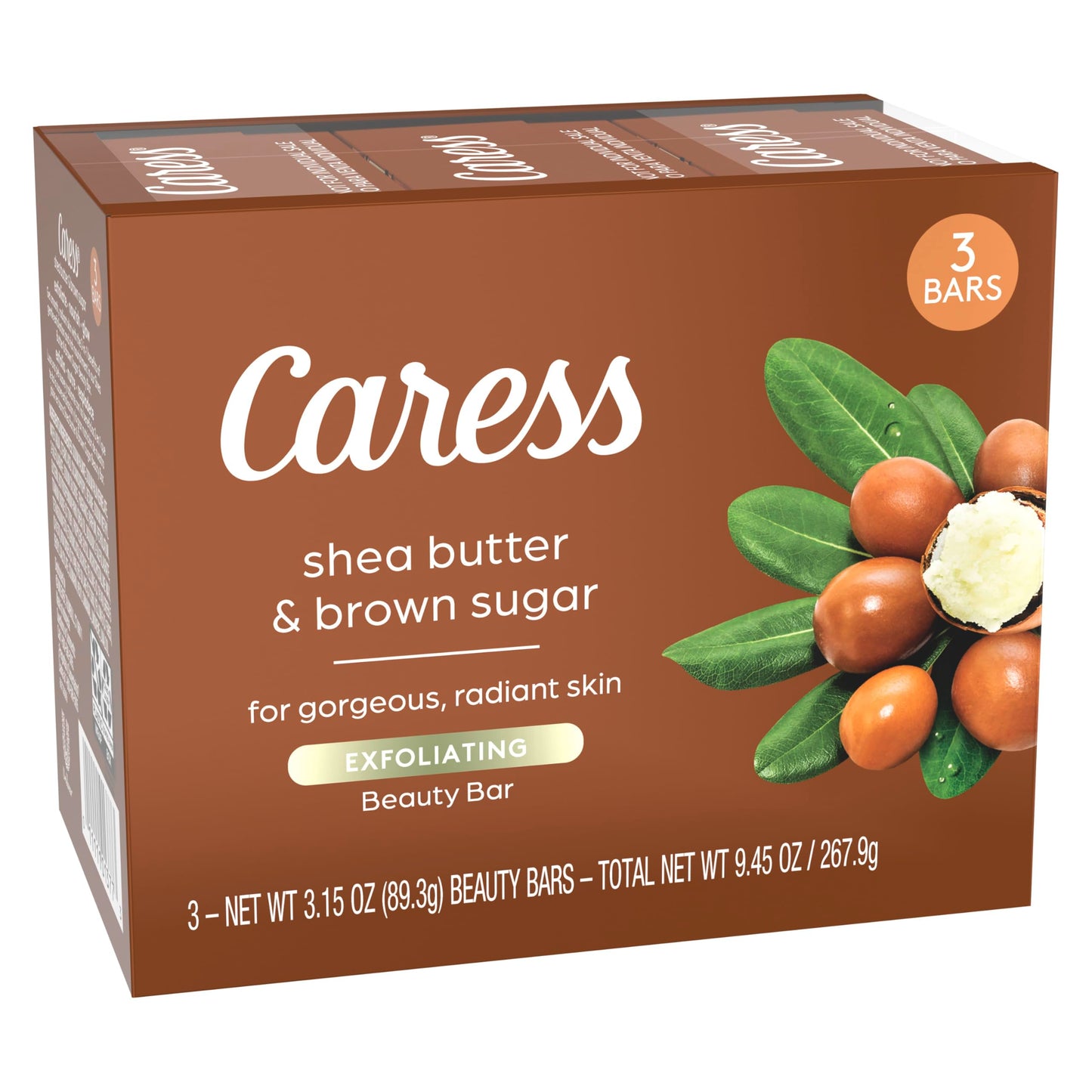 Caress 2-in-1 Beauty Bar Soap Exfoliating and Nourishing Shea Butter and Brown Sugar 3.15 oz 3 Bars
