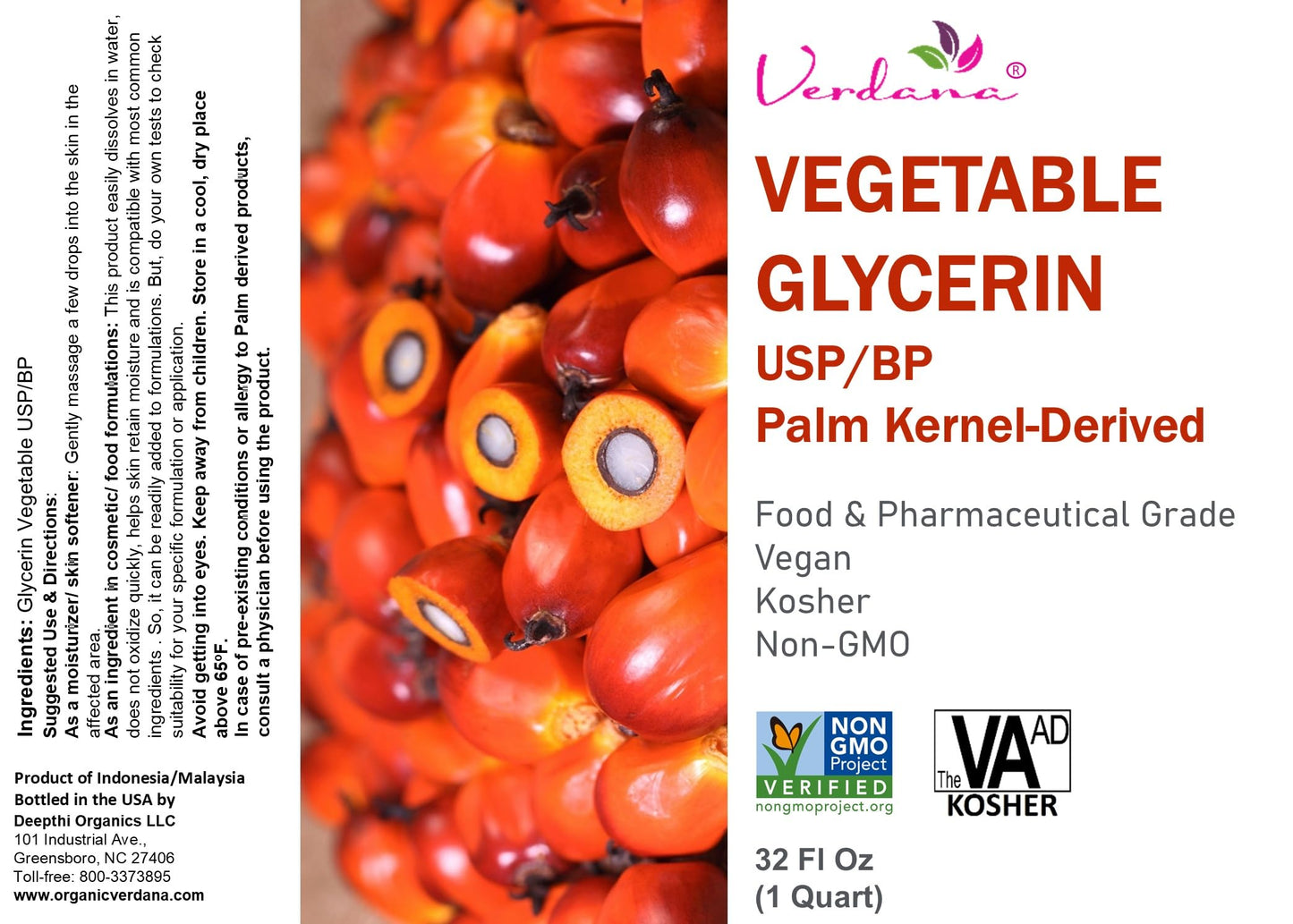 Verdana Vegetable Glycerin – USP, Food Grade, Palm-Derived, Soy-Free – Liquid Glycerin for Personal Care, Cosmetic & Formulation Use – Non-GMO, Vegan – 32 fl oz