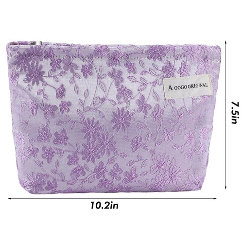 ZLFSRQ Daisy Flower Makeup Bag Travel Cute Floral Cosmetic Bags for Women Large Makeup Pouch Zipper Cosmetic Pouch for Purse Aesthetic Embroidery Purple Makeup Organizer Bag Portable Toiletry Bag