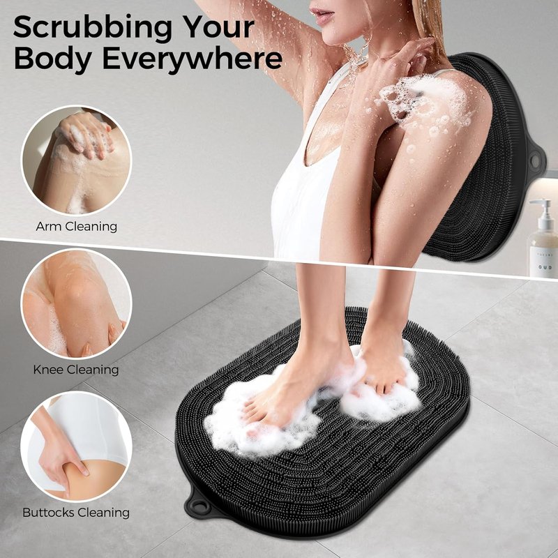 Wall Back Scrubber - Silicone Exfoliating Bath Mat with Non-Slip Suction Cups | 20.9"x13.8" Black