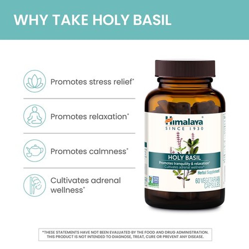 Himalaya Holy Basil Tulsi Herbal Supplement, Stress Relief, Relaxation, Occasional Sleeplessness, Promotes Calm, Ayurvedic, Non-GMO, Vegan, 720 mg, 60 Capsules, 2 Pack