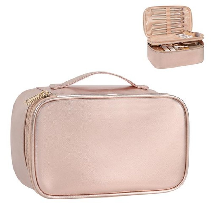 Relavel Makeup Bag, Small Travel Makeup Bag, Portable Cosmetic Case for Women, Double-layer Makeup Organizer Bag, Toiletry Bag for Women for Mother's Day (Rose Gold)