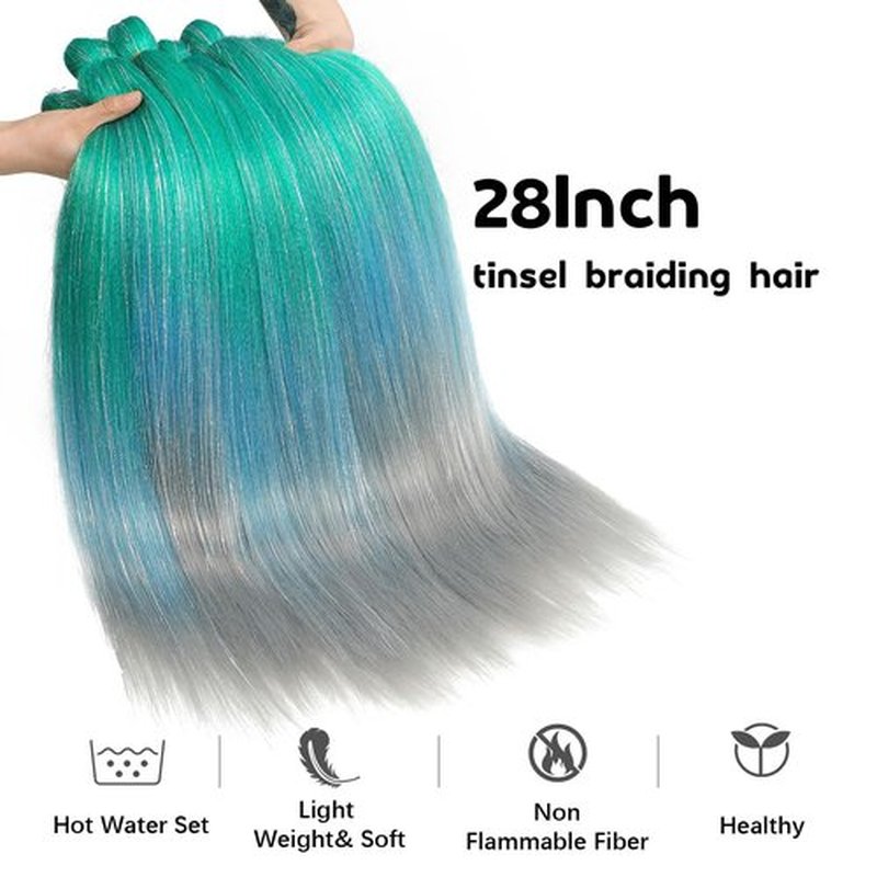 AGO Braiding Hair Pre Stretched Mix Tinsel 28 Inch Ombre Glitter Braiding Hair Sparkle Braids Crochet Hair Extensions Yaki Straight Synthetic Hair for Festival Party(Pack of 6, Green/Blue/Silver)