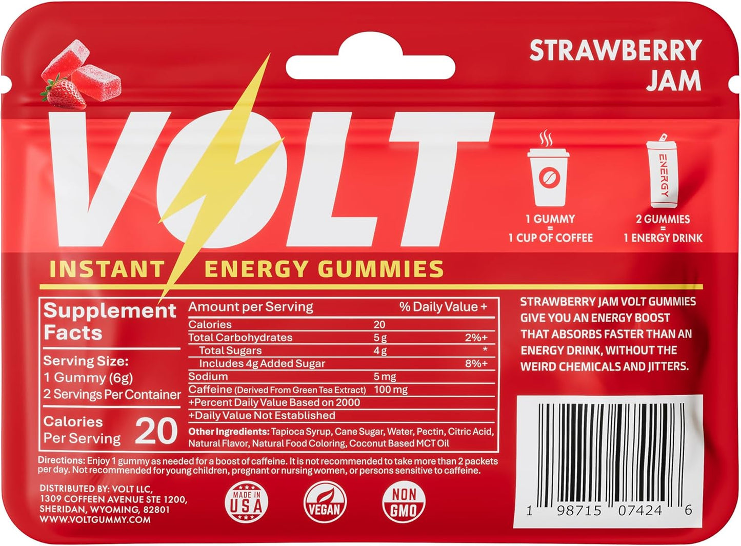 Volt Instant Energy Gummies - 100mg Caffeine Chews for Fast-Acting Workout Fuel | Strawberry Jam - 12 Pack