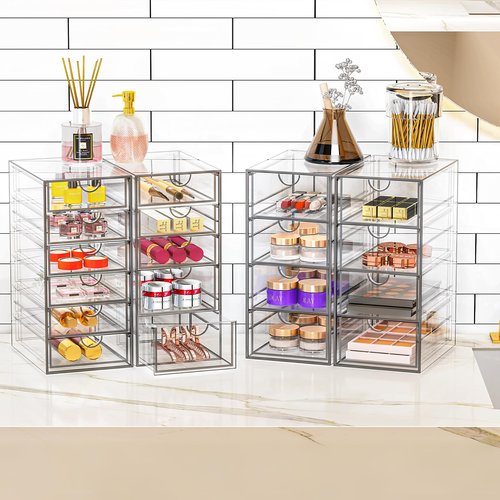 YFXCVSL Acrylic Makeup Organizer with 19 Drawers, 4 Pack Clear Storage Drawers, Bathroom Makeup Organizer for Palettes, Cosmetic, and Beauty Supplies,Ideal for Vanity, Cabinet,Desk Organization