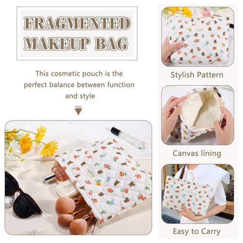 ZLFSRQ Cotton Quilted Makeup Bag Travel Cute Floral Cosmetic Bag for Women Large Coquette Flower Bear Makeup Pouch Zipper Cosmetic Pouch for Purse Aesthetic Makeup Organizer Portable Toiletry Bag