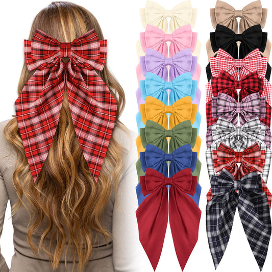 Hoteam 16 Pcs Silky Satin Hair Bows Bulk for Women Large Hair Ribbons Oversized Bows Oversized Long Tail Large Bow-knot Clips Accessories Gifts(Plaid)