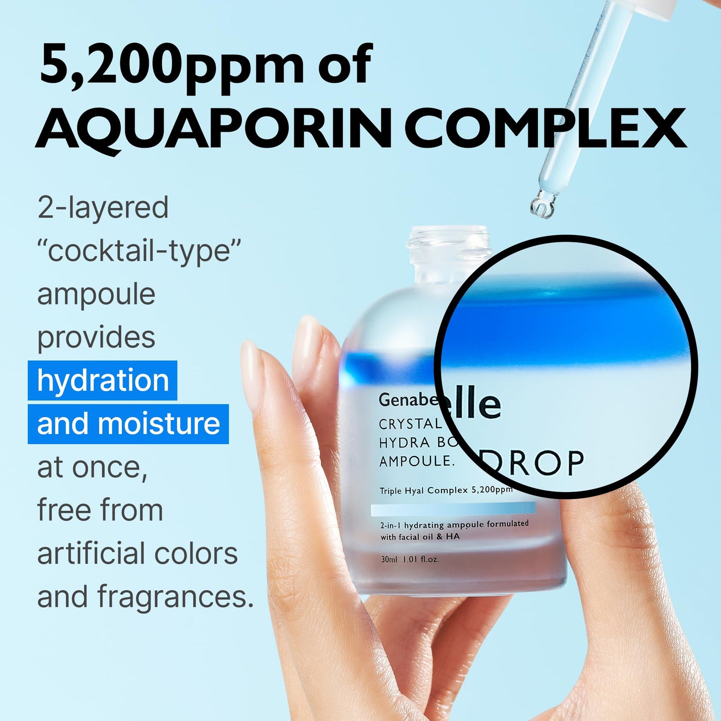 Genabelle Crystal Drop Hydra Booster Ampoule – Hydrating Serum with Hyaluronic Acid, Panthenol & Jojoba Oil for Skin Barrier and Glow – 1.01 fl.oz