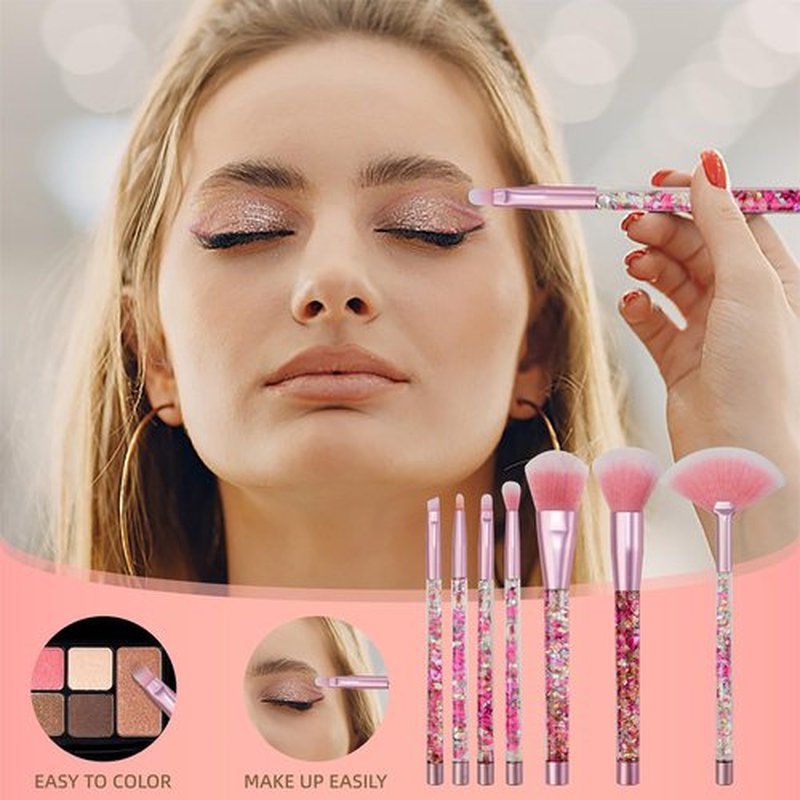 Hawetimher Makeup Brushes Set for Girls, Pink Liquid Flows 7PCS Foundation Fan Powder Blush Lip Eye Shadow Eyebrow Eye Blender Brush Set for Girls Teen Kids as Gift Present
