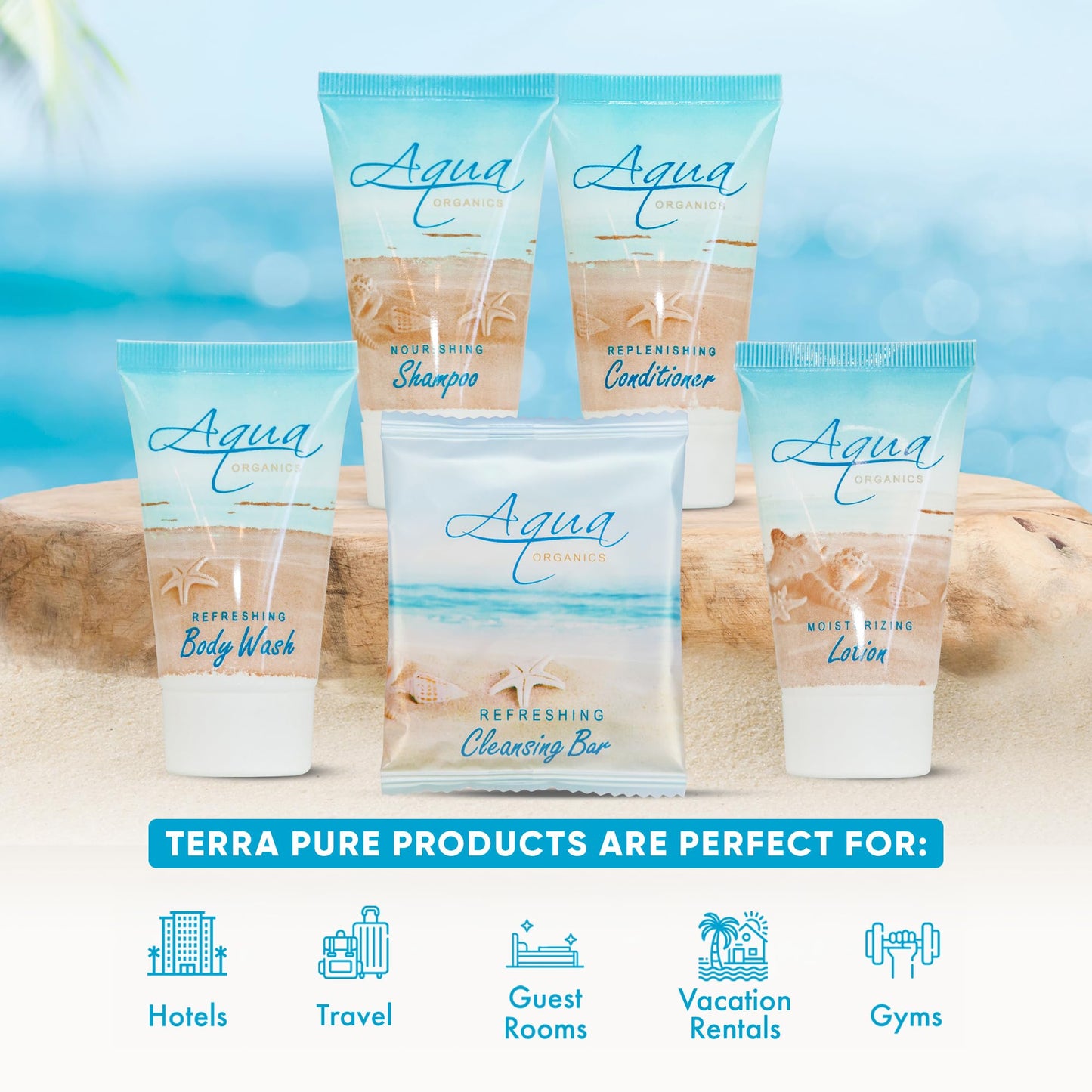 Terra Pure Aqua Organics Hotel Soaps & Toiletries Bulk Set | 1-Shoppe Amenities Kit | 1oz Shampoo & Conditioner, Body Wash, Lotion, 1oz Bar Soap | Travel Size | 150 Pieces