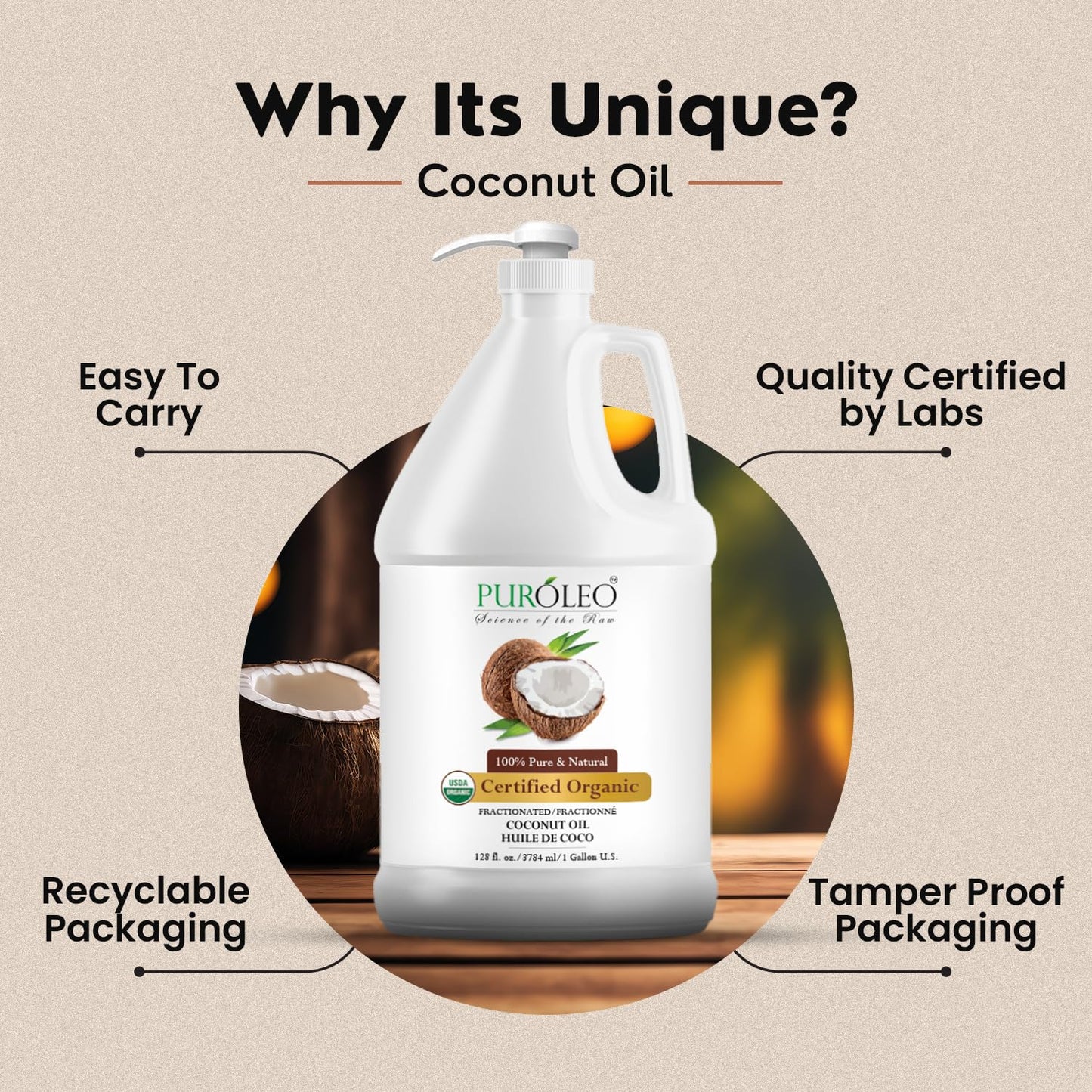 PUROLEO Organic Certified USDA Fractionated Coconut Oil 128 Fl Oz/3785 ML (Packed in Canada) – 100% Natural & Odorless Moisturizer & Carrier Oil for Hair, Skin, Body, Massage, Makeup Removal