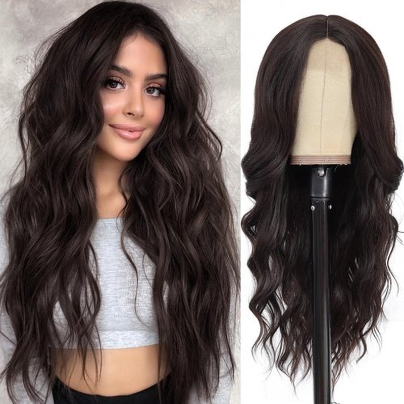 NAYOO Long Wavy Wigs for Women Dark Brown Middle Part Wig Synthetic Heat Resistant Fiber Women Wigs for Daily Party Use 26 Inch (Dark Brown)