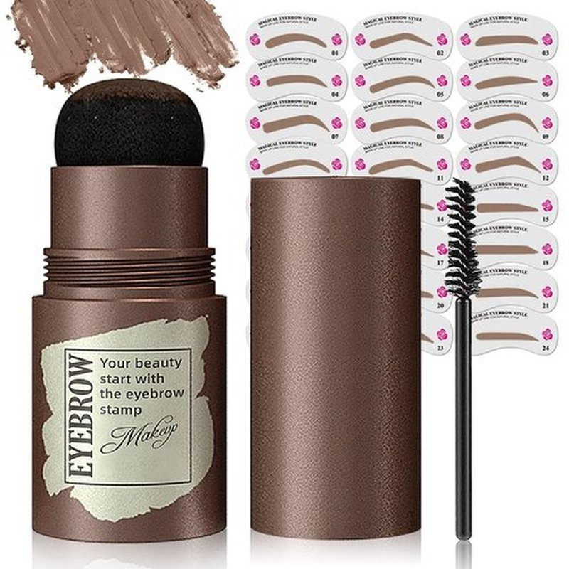 Eyebrow Stamp Stencil Kit - Long-Lasting Eye Brow Stencil Kits with Eyebrow Blush, Waterproof Brow Shaping Kit with 24 Reusable Thin & Thick Eyebrow Stencils for Perfect & Natural Brow (Medium Brown)