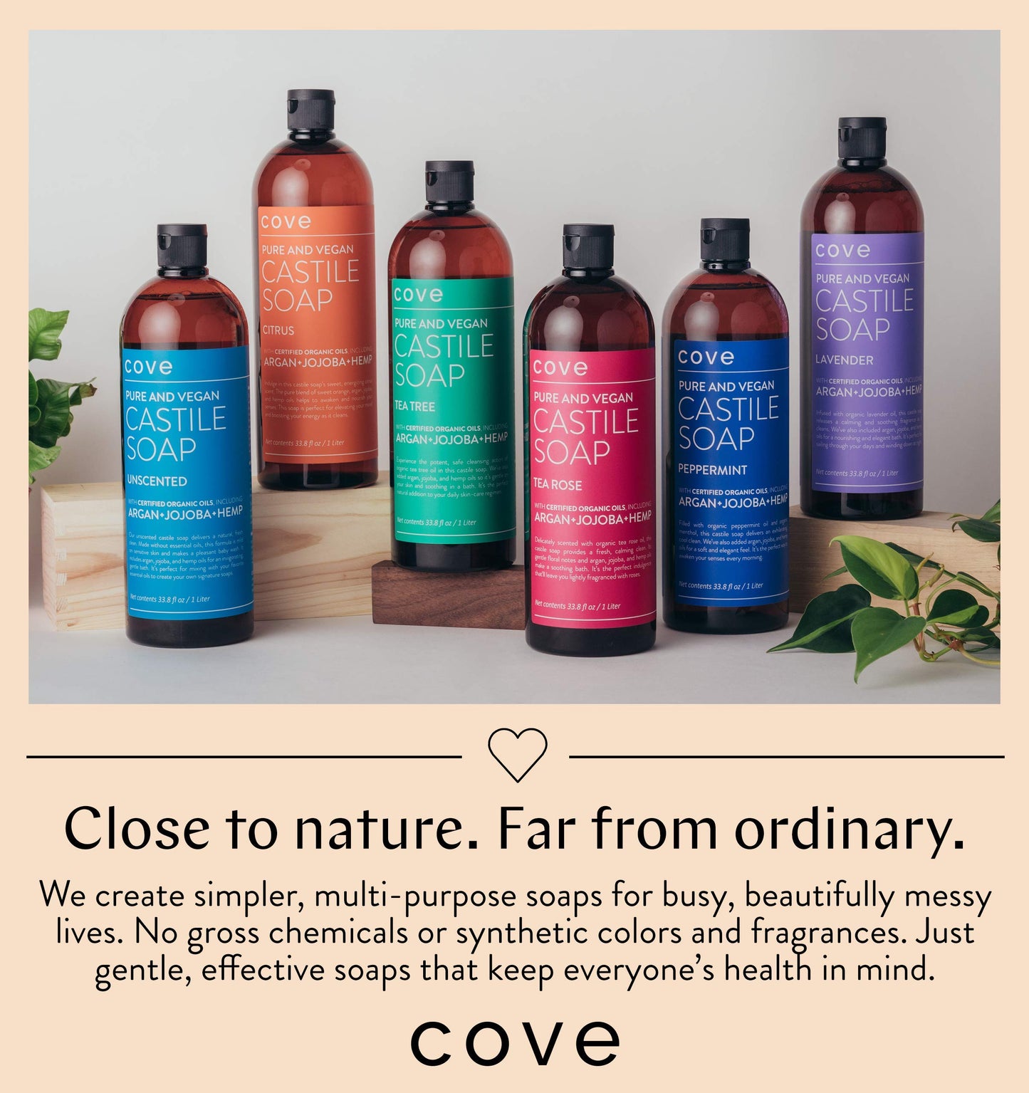 Cove Castile Soap Unscented - 1 Liter / 33.8 fl oz - Organic Argan, Jojoba, and Hemp Oils
