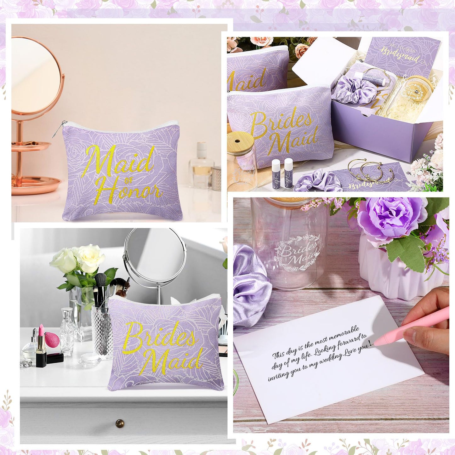 FillTouch 54 Pcs Bridesmaid Proposal Gifts, Will You Be My Bridesmaid, Maid of Honor Bride Gifts Include Gift Box Makeup Bag Invited Card Glass Cup Lip Balm Scrunchie Knotted Bracelet(Purple)