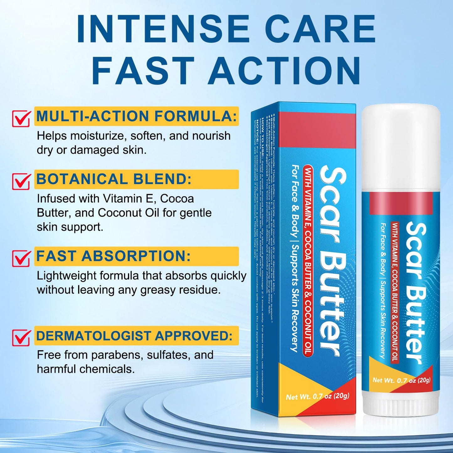 Scar Butter Stick for Scars, Cocoa Butter Stick with Vitamin E, Scars Repair Cream with 5 in 1 Smoothing Formula to Improves Texture & Discoloration, Non-Greasy