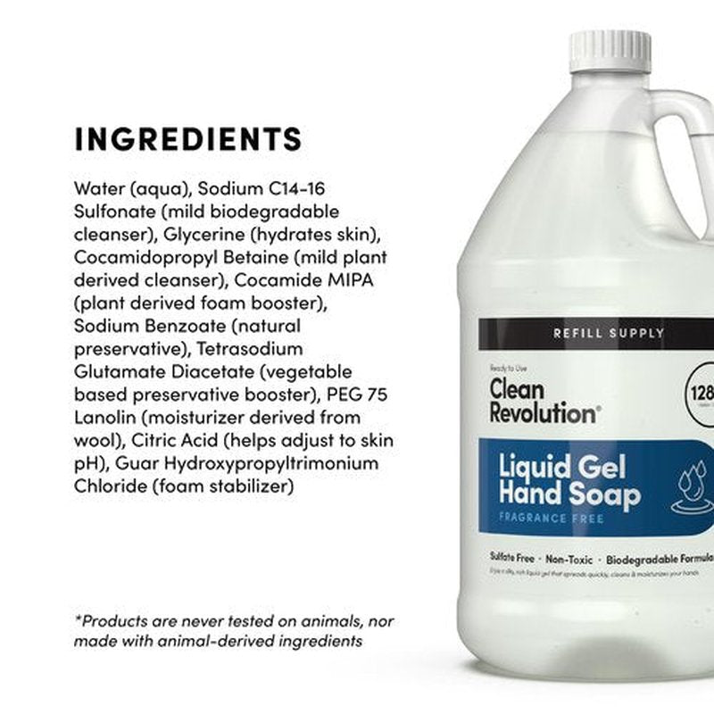 Clean Revolution Liquid Gel Hand Soap, Silky Rich Liquid, Quick Lather, Fast Rinsing, (Fragrance Free) 128 Fl Oz