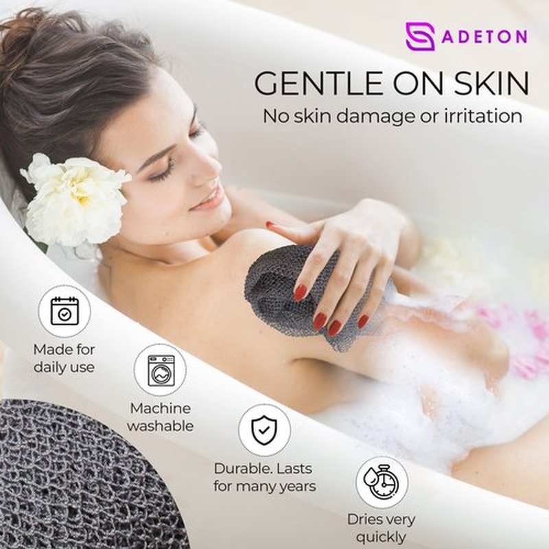 Adeton African Net Sponge, Authentic, Real, Black Owned, Exfoliating Bath Wash Cloth, Long Sponge, Body Exfoliator, Sapo, Shower Bath Accessories, Back Foot Scalp Scrub, Flat Dead Skin Remover (Grey)