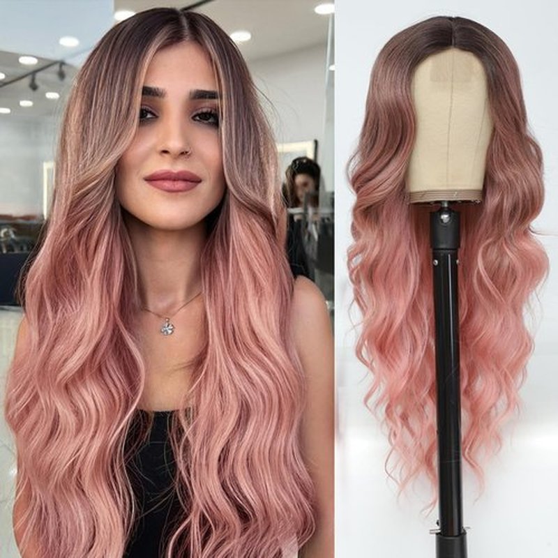 NAYOO Long Wavy Wigs for Women Middle Part Ombre Pink Wig with Dark Roots Synthetic Heat Resistant Fiber Women Wigs for Daily Party Use (Pink)