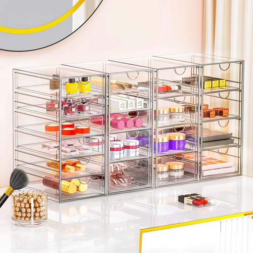 4 Pack Acrylic Makeup Organizer with 18 Drawers, Clear Storage Drawers, Bathroom Counter Organizer, Plastic Storage Bins For Vanity, Undersink, Pantry, Home Organization and Storage