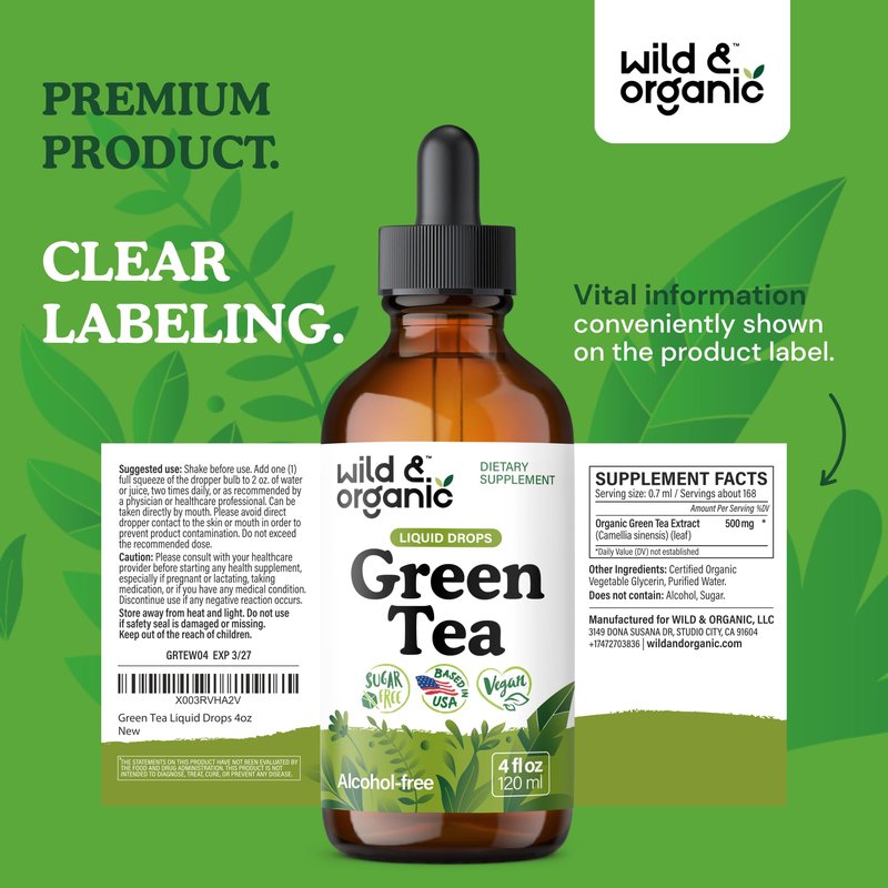 Wild & Organic Green Tea Extract Liquid Drops - Antioxidant Support - Pure Green Tea Supplement - 84-Day Supply - Vegan, Sugar & Alcohol-Free Camellia Sinensis Tincture - 4 fl oz