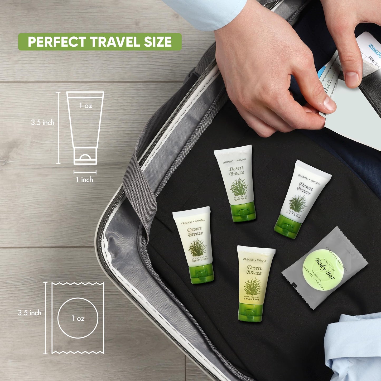 Travel Size Hotel Toiletry Set 300 Count 1 oz Bottles Guest Amenities for Vacation Rentals and Short Term Rentals Paraben Free Green Tea Lemongrass Scent Infused with Aloe and Olive Oil |Desert Breeze