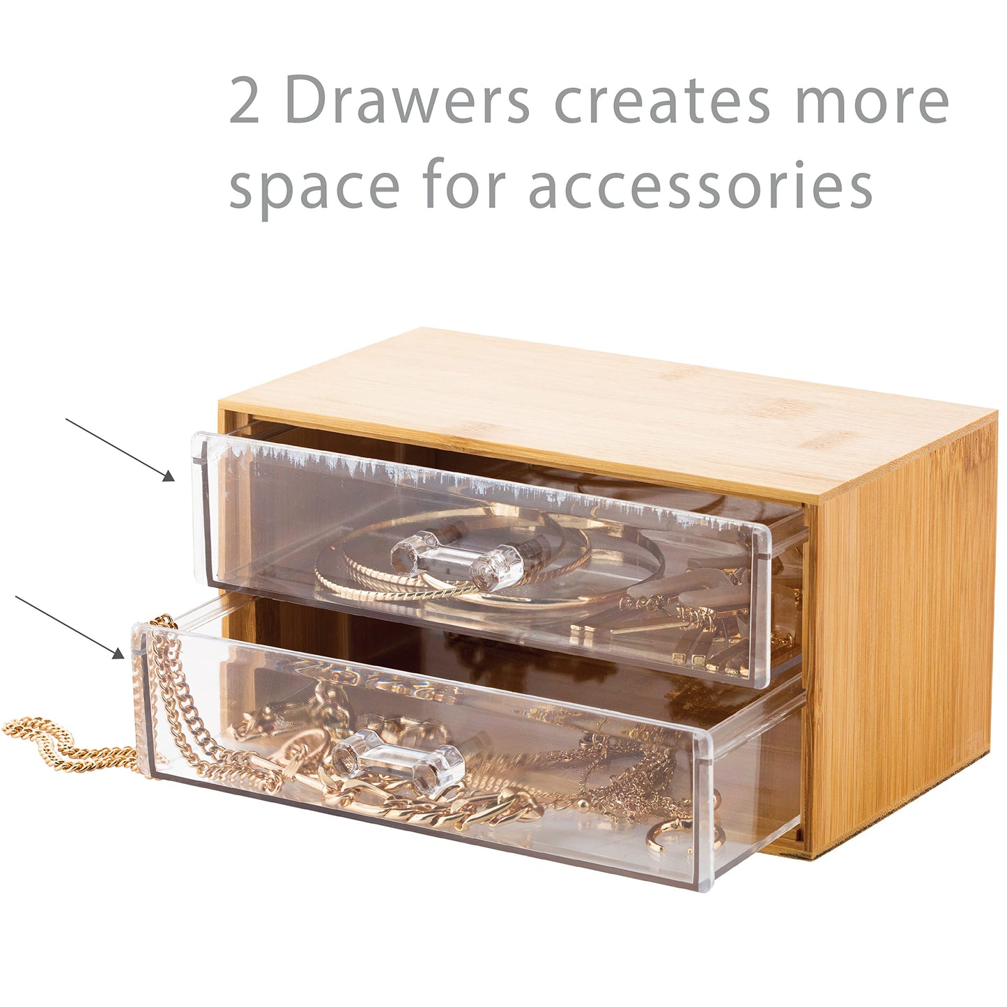 Simplify 2 Tier Cosmetic and Jewelry Holder | Drawer Organizer | Chest | Holds Make Up and Accessories | Bathroom Vanity Countertop & Dresser Storage | Clear & Bamboo