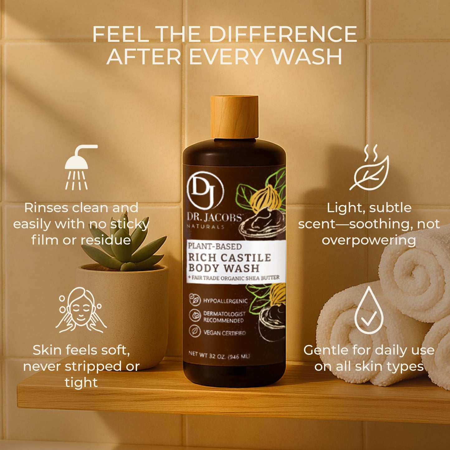 Dr. Jacobs Naturals Pure Castile Soap Liquid Body Wash, Shea Butter - Plant Based Soap Infused with Vitamin E and Aloe Vera to Moisturize Dry and Sensitive Skin - Made in The USA - 32 oz, Pack of 3