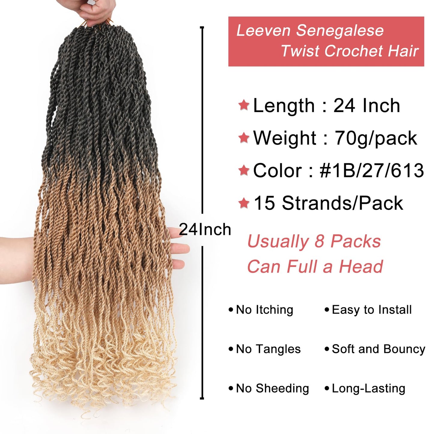 Leeven 24 Inch Senegalese Twist Crochet Hair 2 Packs Ombre Blonde Long Pre Looped Wavy Crochet Braids with Curly Ends 3 Tone Hanava Twist Synthetic Braiding Hair for Women Girl Kids #1B/27/613