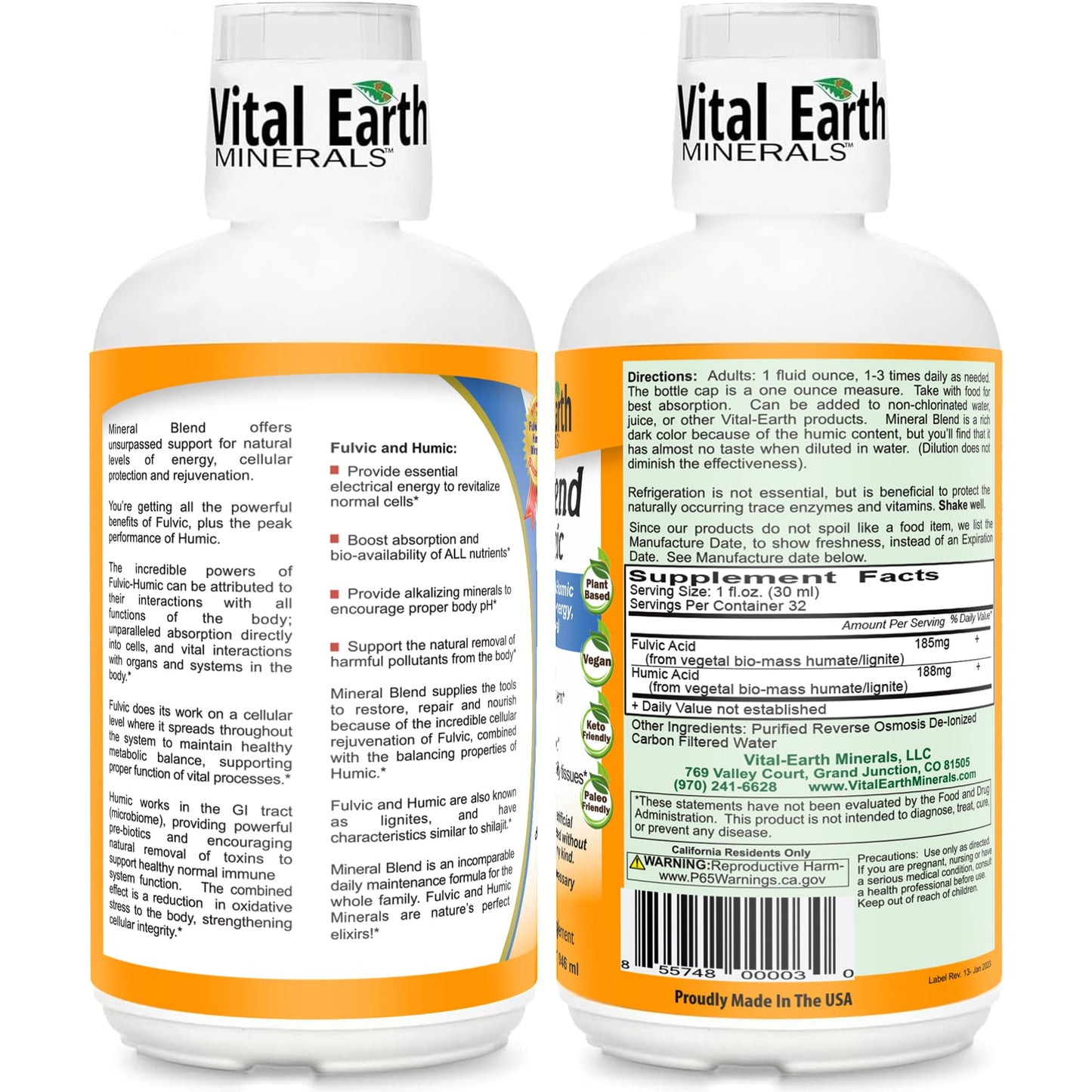 Vital Earth Minerals Fulvic Humic Mineral Blend Liquid 2-Pack – Fulvic Acid Supplement with 70+ Trace Minerals, Electrolytes for Recovery, Balance & Energy, 32 Oz Ea + 1 Oz Cup Ea