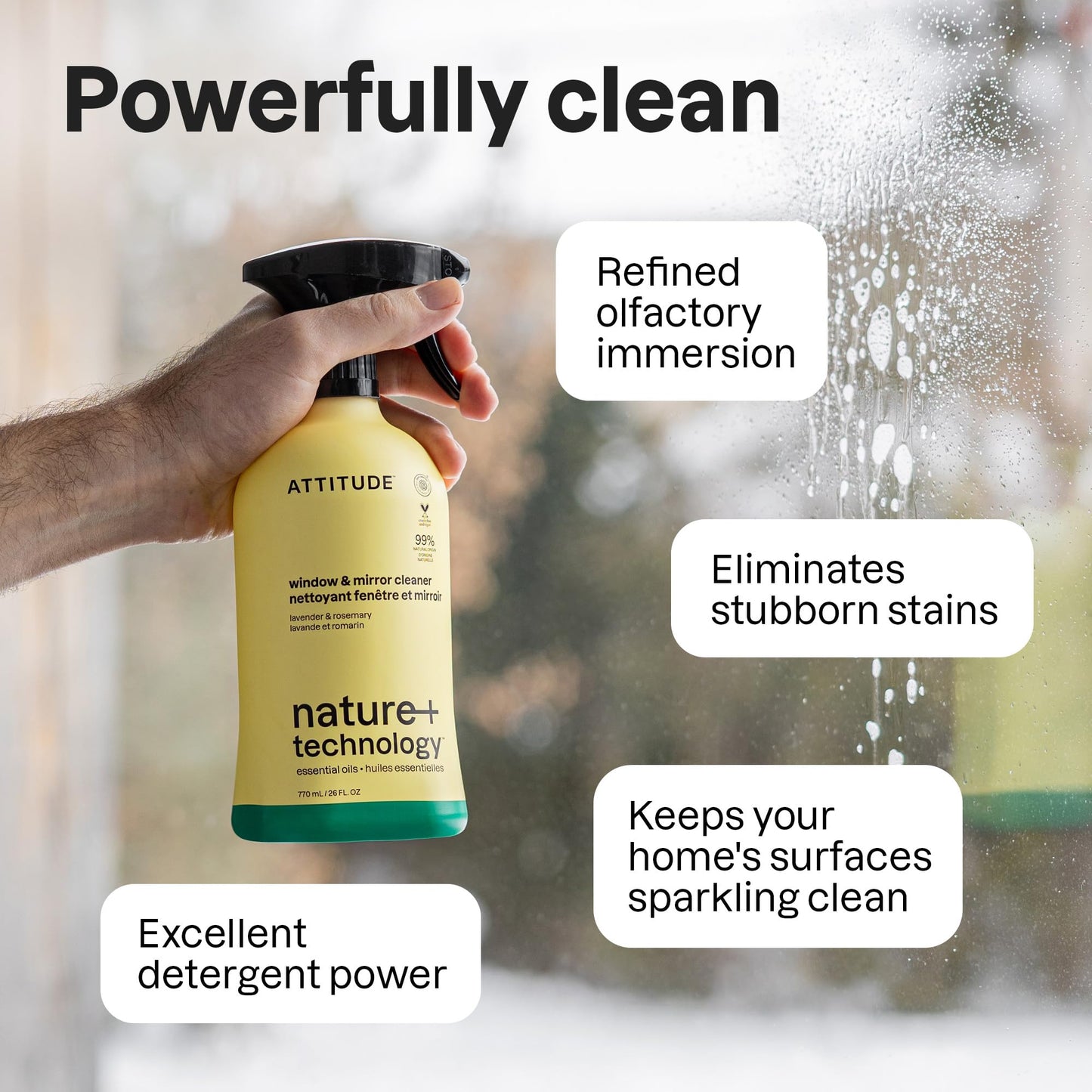 ATTITUDE Window & Mirror Cleaner Spray, Plant-Based Ingredients, EWG Verified, Streak Free, Removes Fingerprints, Dust and Dirt, Lavender & Rosemary, 26 Fl Oz