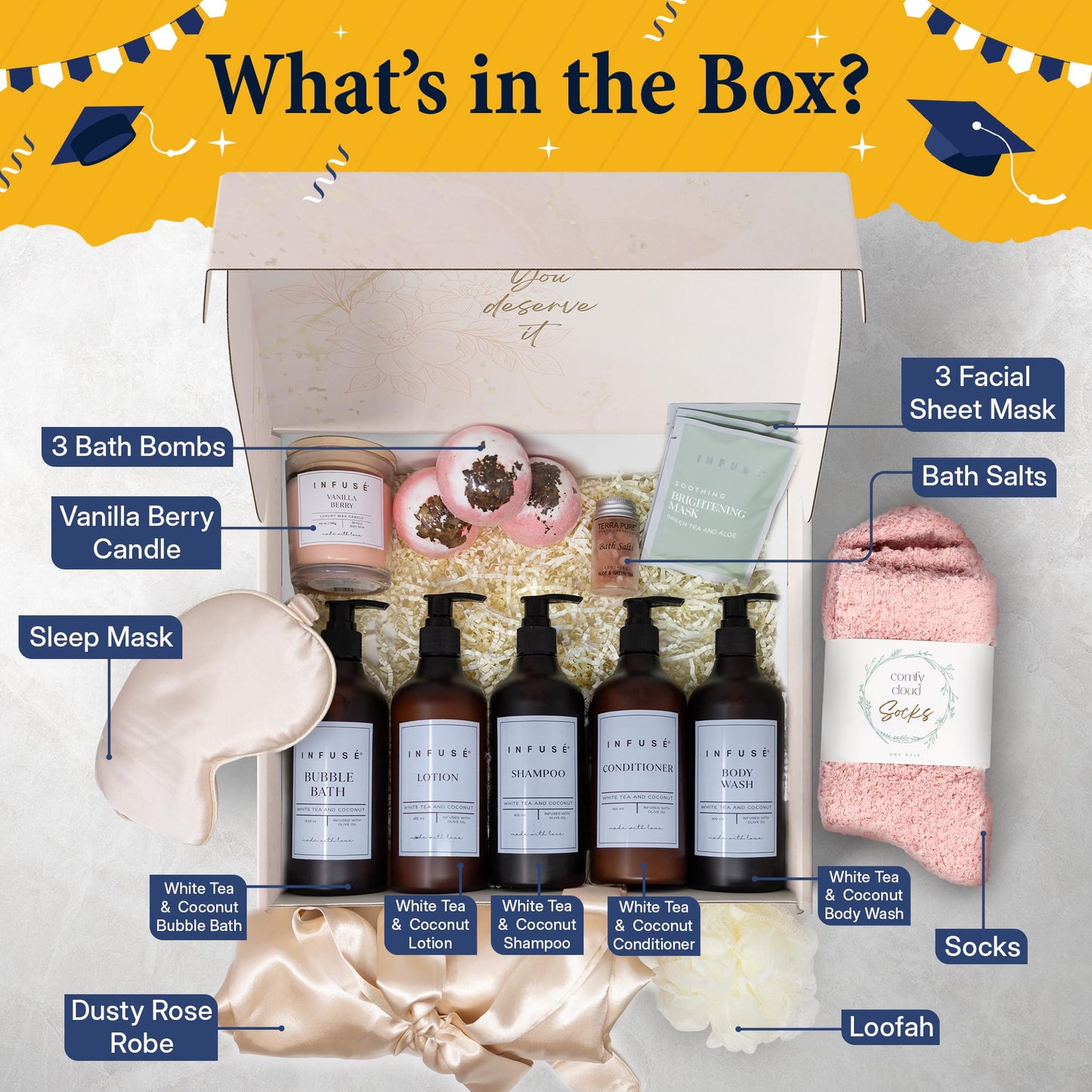 INFUSÉ 17-Piece Spa Gift Box for Women | Mother’s Day & Graduation Gift | Eye Mask, Candle, Robe, Loofa, Bath Bombs, Face Masks, Bubble Bath, Lotion, Body Wash, Bath Salt, Shampoo, Conditioner & Socks