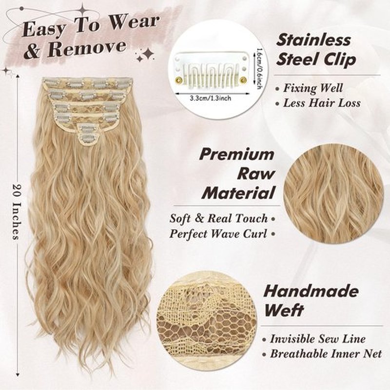 BARSDAR Clip in Hair Extensions - 20 Inch Long Wavy Blonde Hair Extensions Clip in For Women - 6PCs Full Head Thick Soft Synthetic Clip in Hairpieces Girls Daily Party - Honey Blonde Mix