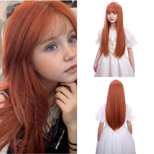 Ufindcos Auburn Wig with Bangs for Kids Long Dark Orange Wig Long Straight Child Wig 22 inches Ginger Wig for Girls Synthetic Wig with Wig Cap