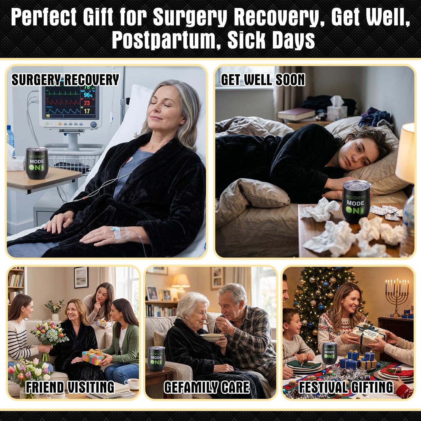 Patelai 6 Pack Get Well Soon Gifts Care Package for Men After Surgery, Unhooded Robe 12oz Tumbler Fuzzy Socks Funny Card Bell Get Well Soon Gift Basket for Dad Husband Recovery Chemo Care(Black)