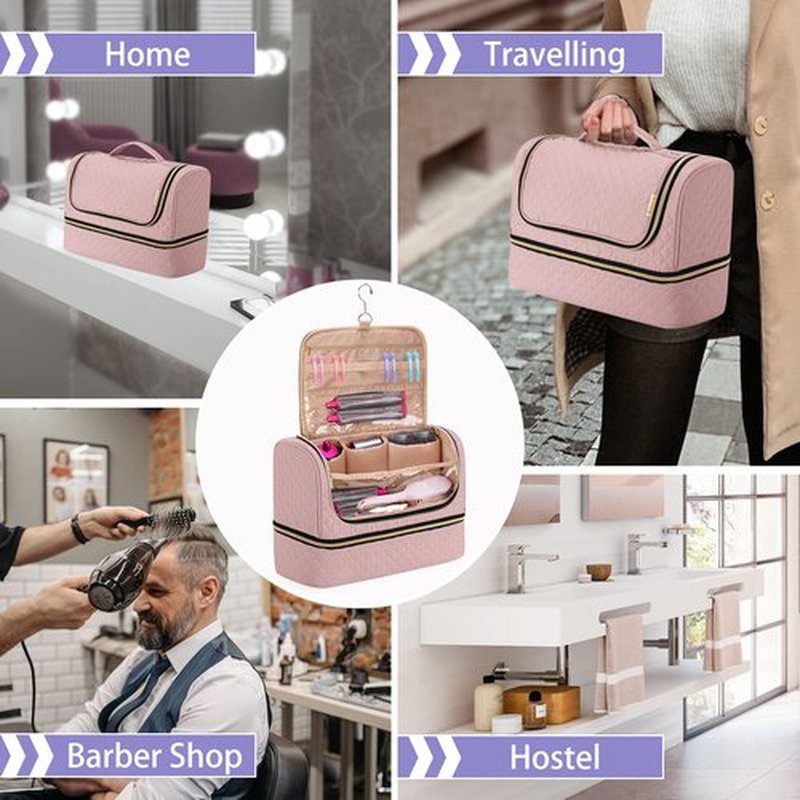 Yarwo Double-layer Storage Bag Compatible with Dyson Airwrap Multi-styler Complete Long and Attachments, Portable Travel Case with Hanging Hook for Hair Curler Accessories, Dusty Rose (Bag Only)