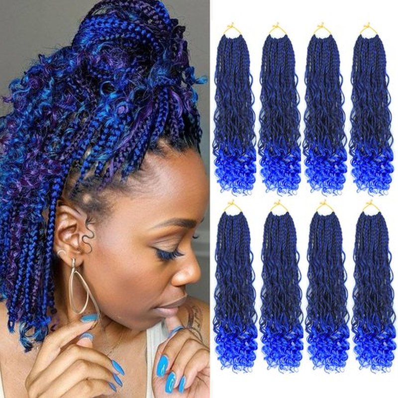 8 Packs Blue Boho Box Braids Crochet Hair 12 inch Pre-looped Crochet Box Braid Synthetic Braiding Hair with Curly Ends Goddess Box Braids Crochet Hair Extensions for Women(12" 8 Packs, T1B/Blue#)