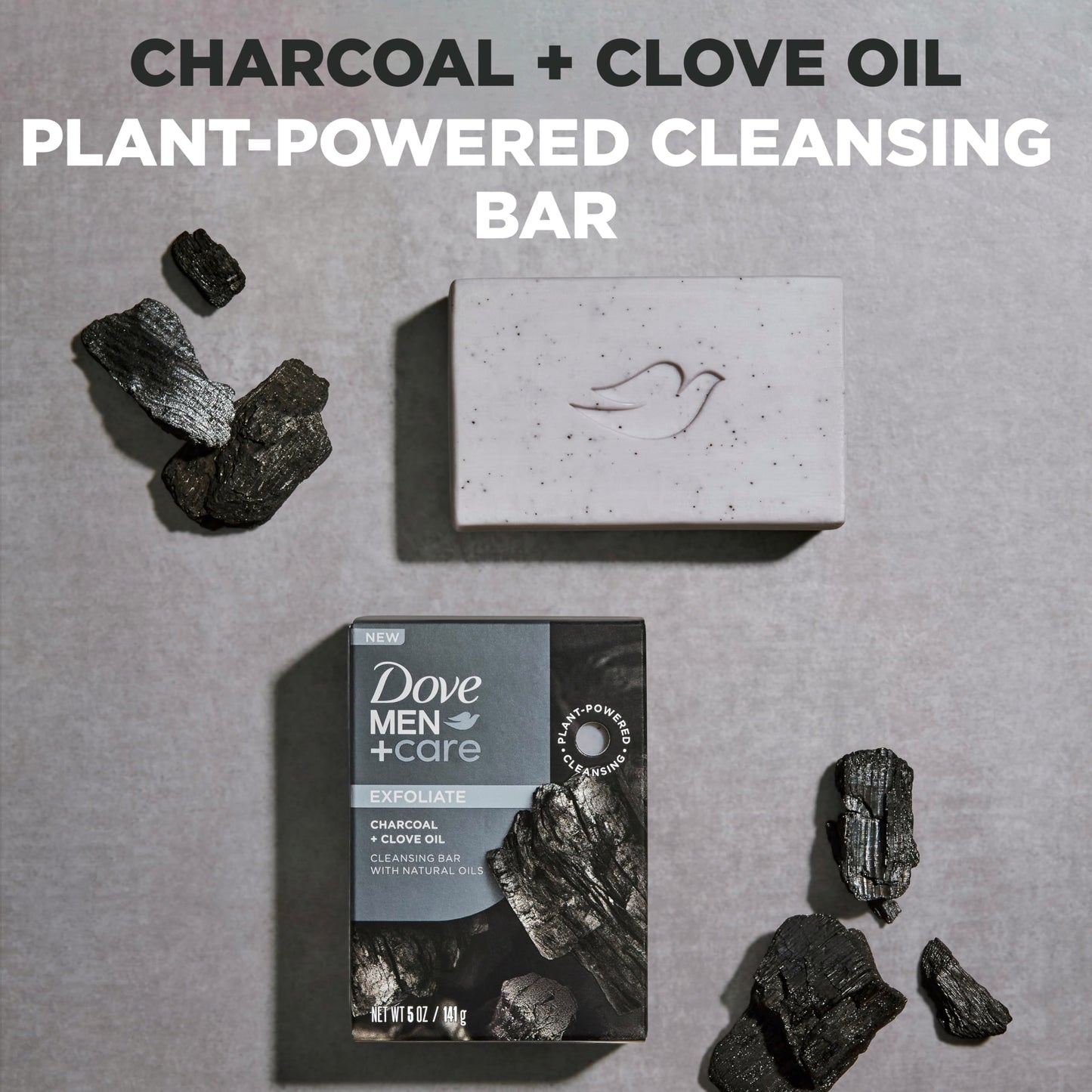 DOVE MEN + CARE Cleansing Bar Soap Charcoal + Clove Oil to Rebuild Skin in the Shower,a 4in1 Hair,Body,Face & Shaving Bar with Plant-Based Cleanser and Natural Oils 5 oz,(Pack of 8)