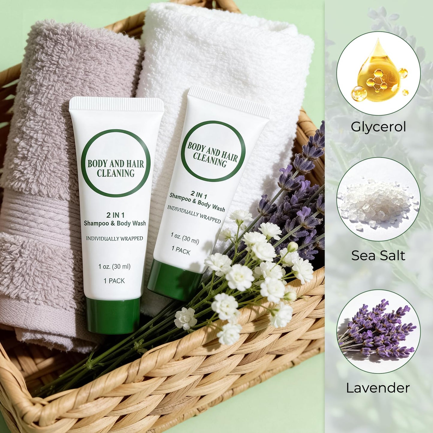 Travel Size 2-in-1 Shampoo and Body Wash Bulk, Individually Wrapped Trial Mini Shampoo and Shower Gel, Small Men Women Cleansing Toiletries Amenities for Hotel/ Vacation/ Homeless 1 oz (Pack of 10)