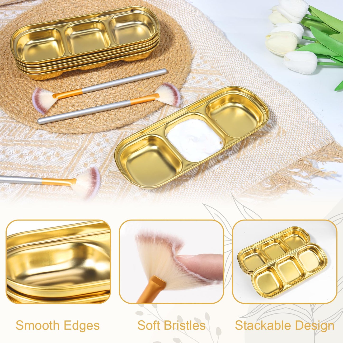 12 Pcs DIY Esthetician Bowls Face Mask Tray Facial Brushes Esthetician Gold Facial Supplies Kit 3 Compartment Stainless Steel Skincare Tray Fan Brushes Esthetician Facial Bowls for Spa Salon Nail