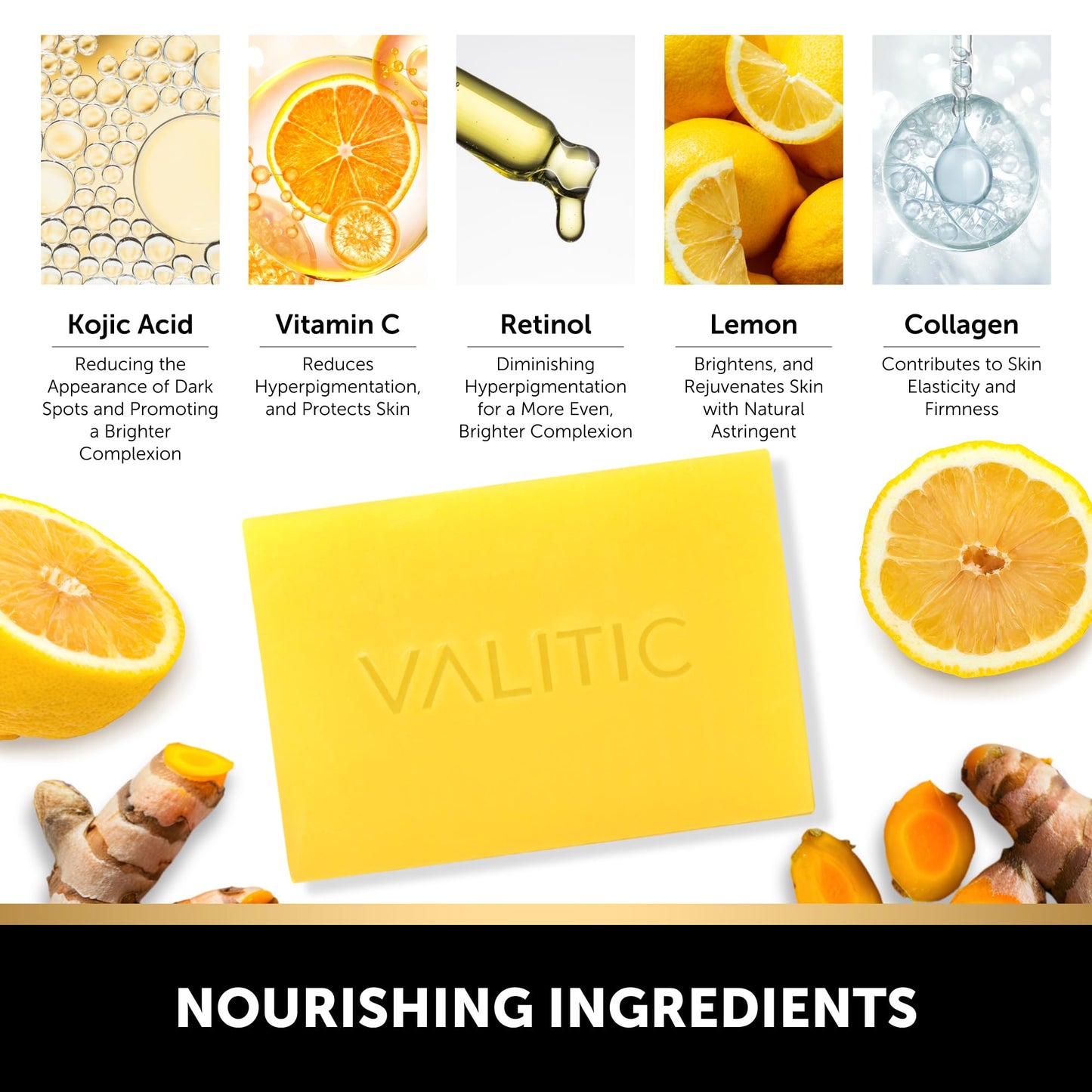 VALITIC Brightening Lemon & Turmeric Kojic Acid Soap with Vitamin C, Retinol, Collagen - Original Japanese Complex - with Hyaluronic Acid, Vitamin E, Shea Butter - Dark Spot Corrector 2 Pack & Holder