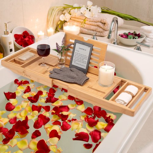 Temple Spring Bathtub Caddy Tray - Extendable Bath Tray for Bathtub with Candle, Wine Glass, Book, Pad & Phone Holders - Adjustable Bathtub Tray Over tub w/Bathroom Accessories - Natural Wood