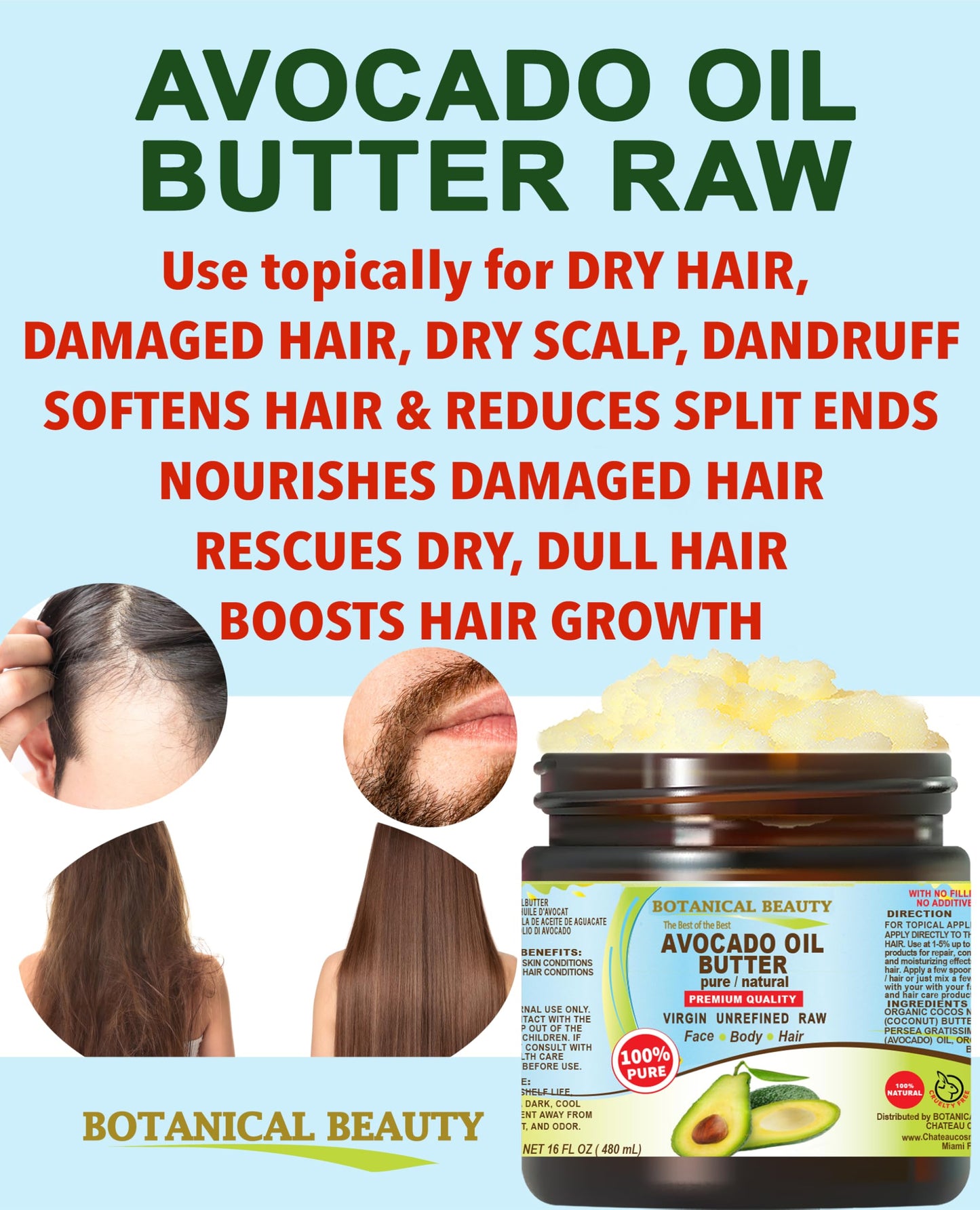 Botanical Beauty AVOCADO OIL BUTTER 100% Pure Natural VIRGIN UNREFINED Cold-Pressed for Face, Skin, Body, Hair, Lip, Nails. Rich in Vitamin E, Omega 3, Omega 6 (8 Fl Oz)
