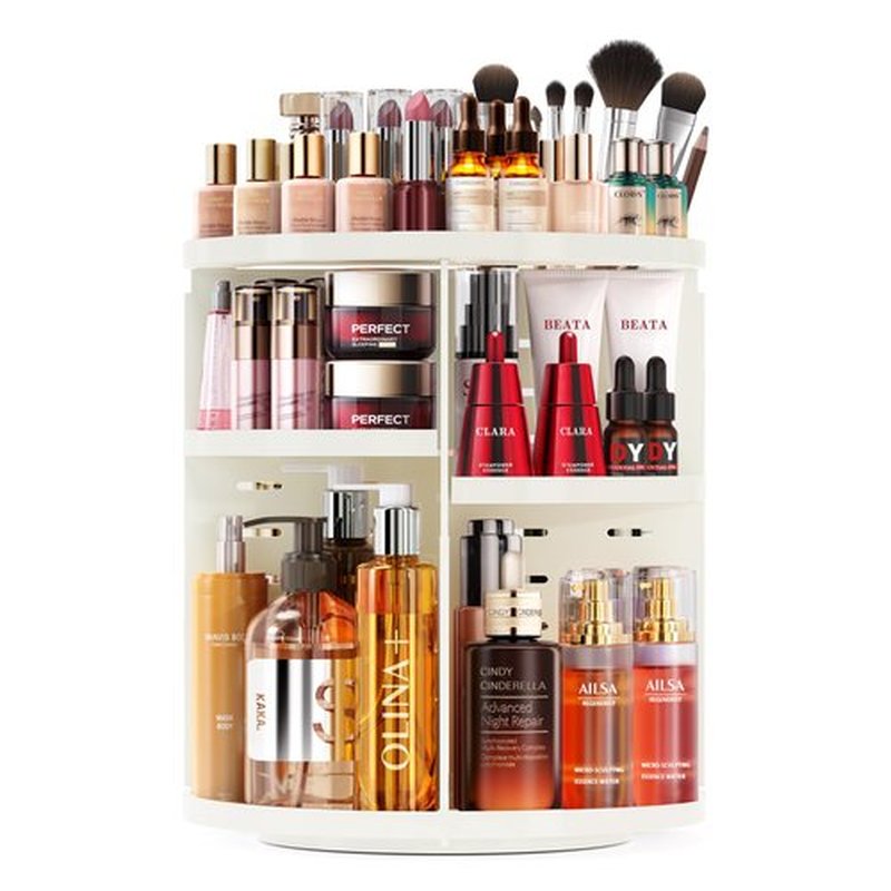 Auxmir Rotating Makeup Organizer, DIY 7 Adjustable Layers Spinning Skincare Organizer, Cosmetic Organizer with Brush Holder Perfume Tray, Multi-Function Storage Carousel for Vanity Bathroom Countertop