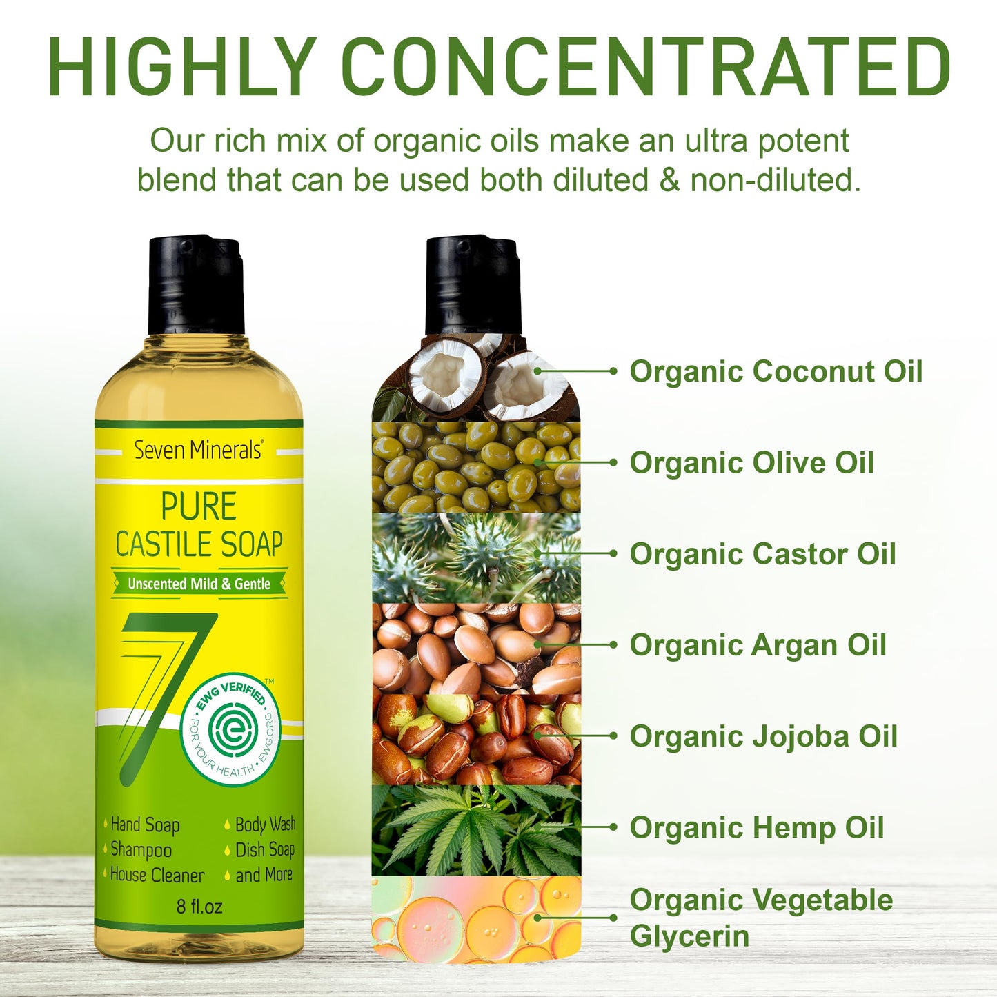 Seven Minerals Pure Castile Soap - No Palm Oil, GMO-Free - Gentle Liquid Soap For Sensitive Skin & Baby Wash - All Natural Vegan Formula with Organic Carrier Oils (8 Fl Oz, An Unscented)