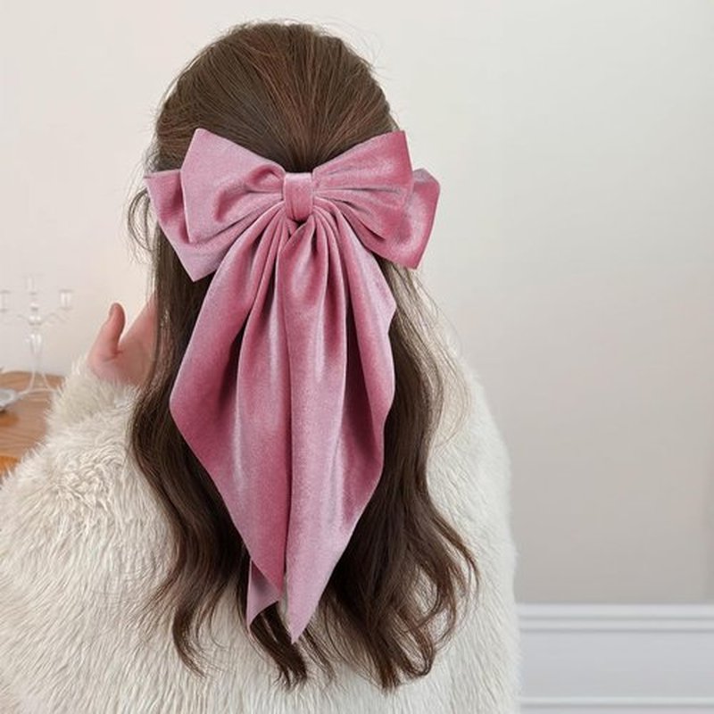 Beige Pink Velvet Ribbon Hair Bows with Long Tail for Women Girls Thick Hair Valentines Ponytail Holder Decor Accessory Everyday Big Bow-Knot French Hair Barrette Clips Clamp Stuff