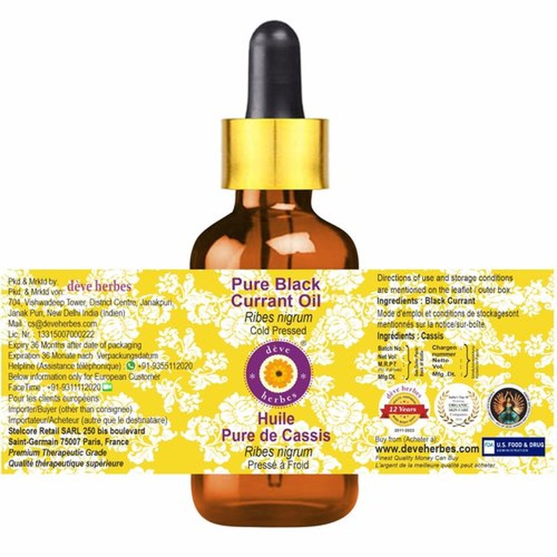 Deve Herbes Pure Black Currant Oil (Ribes nigrum) with Glass Dropper Natural Therapeutic Grade Cold Pressed 30ml (1 oz)