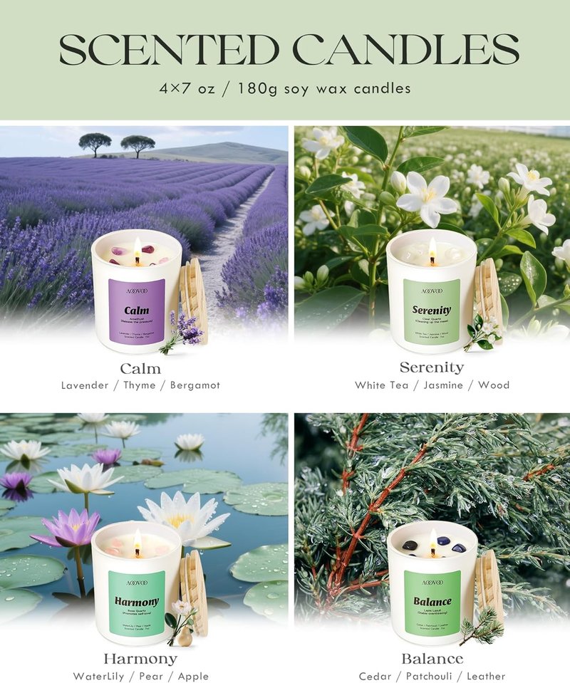 Calm Candles Set - Aromatherapy Scented Candles for Home | 4 Pack, 28 oz, 200 Hour Burn, Crystals Included