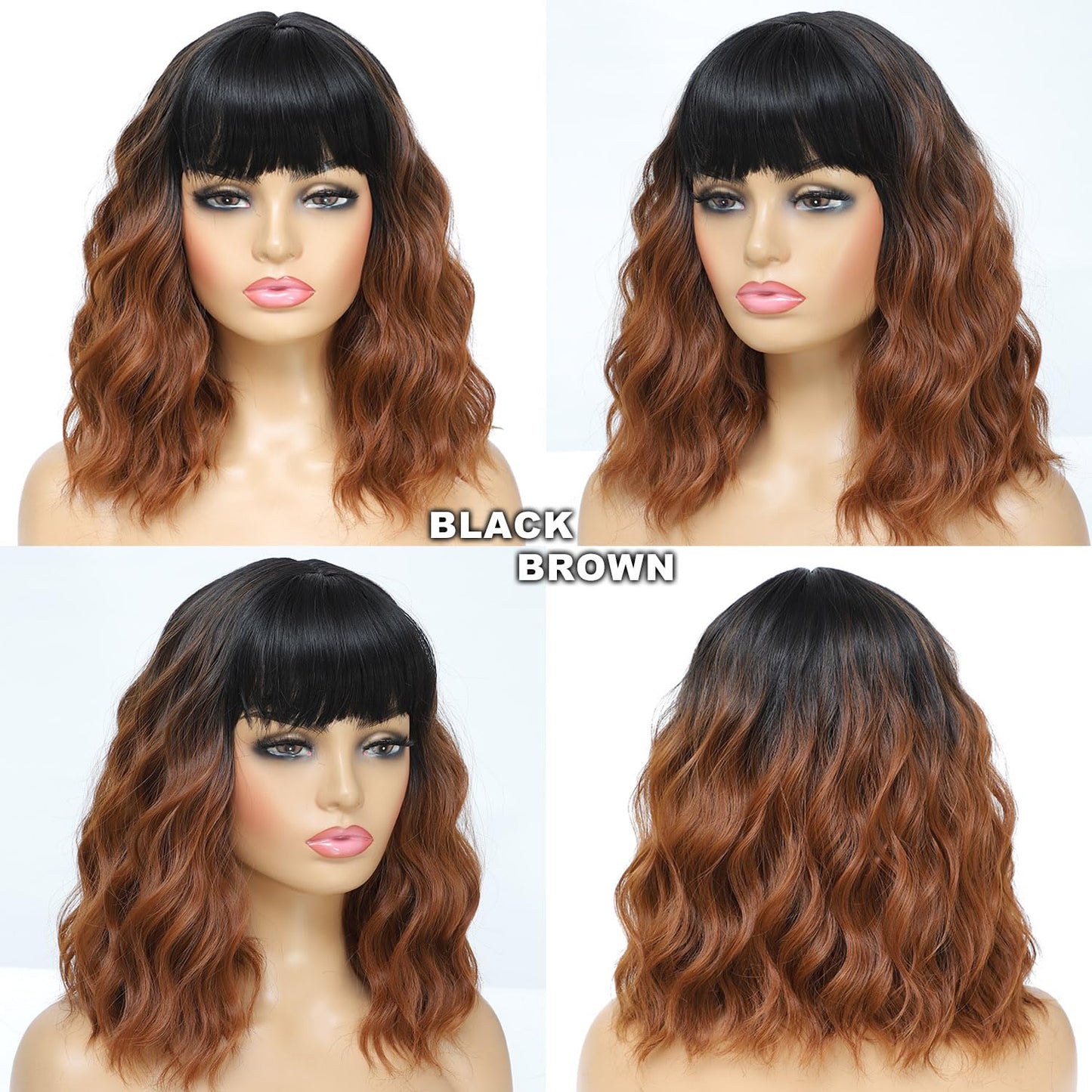 Amarlis Short Black to Brown Wigs for Women, 14 Inch Wavy Bob Wig with Bangs Natural Looking Soft Heat Resistant Synthetic Wig for Daily Party Use